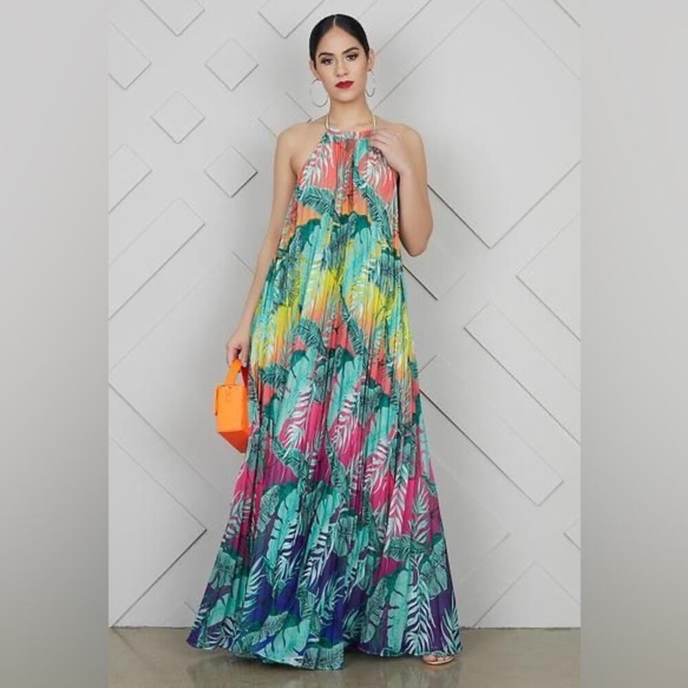 EVER AFTER Tropical Multicolor Halter Pleated Maxi Dress Size Medium - Picture 2 of 9